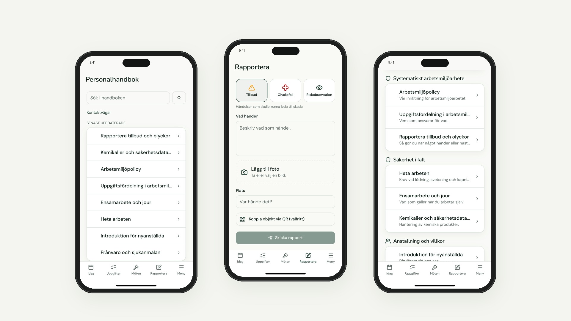 Tre skärmar ur FlowWorks app: personalhandboken, rapportering av tillbud och handbokens avsnitt
