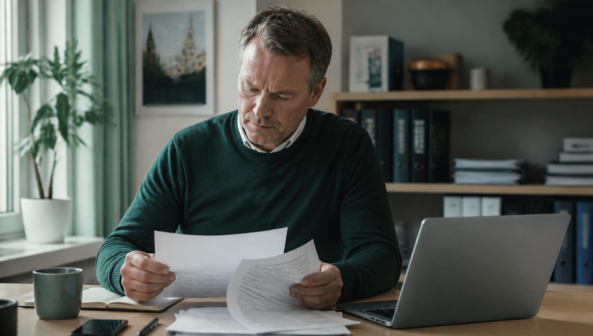 Person som läser igenom ett dokument vid skrivbordet