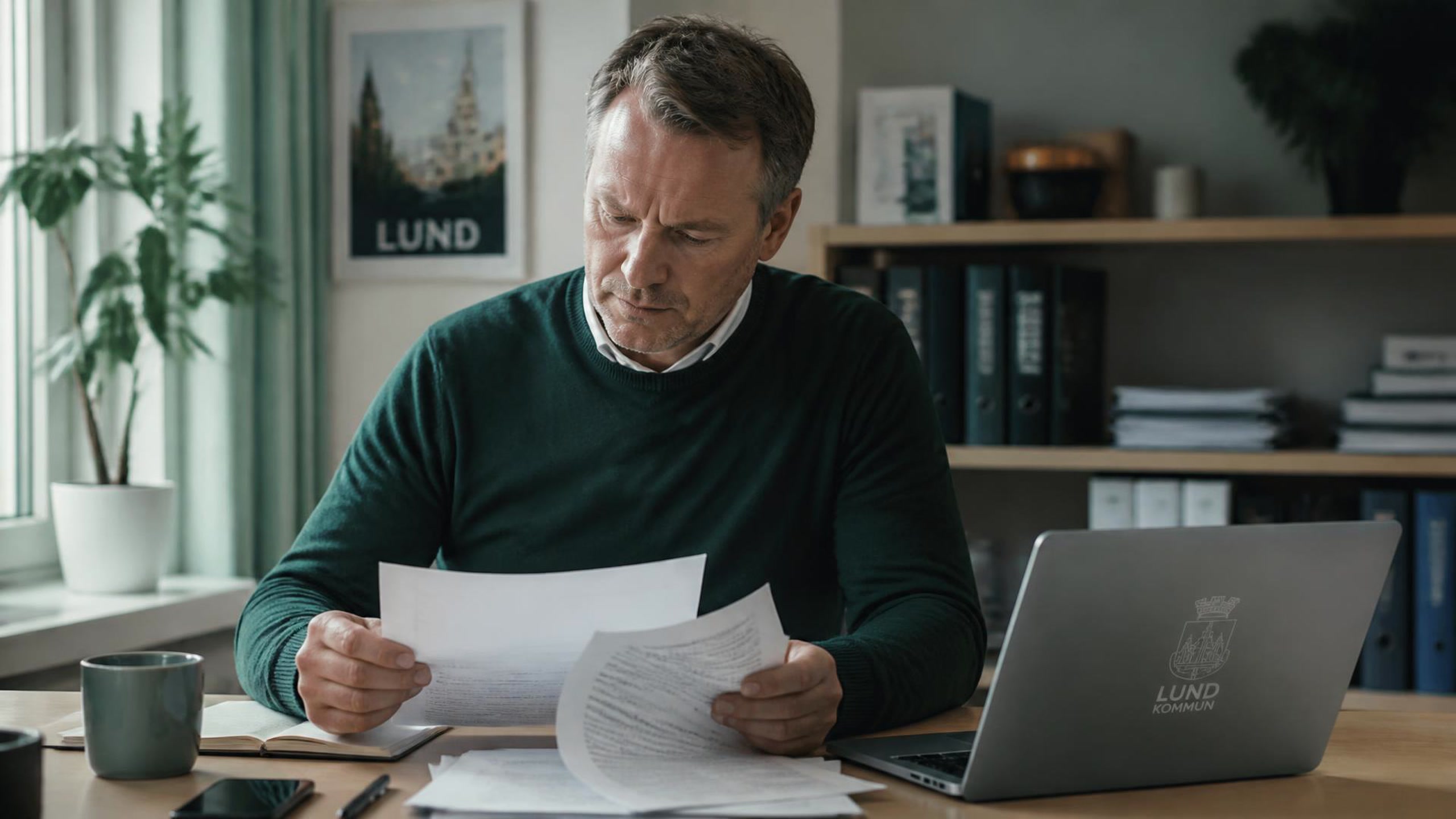 Person som läser igenom ett dokument vid skrivbordet