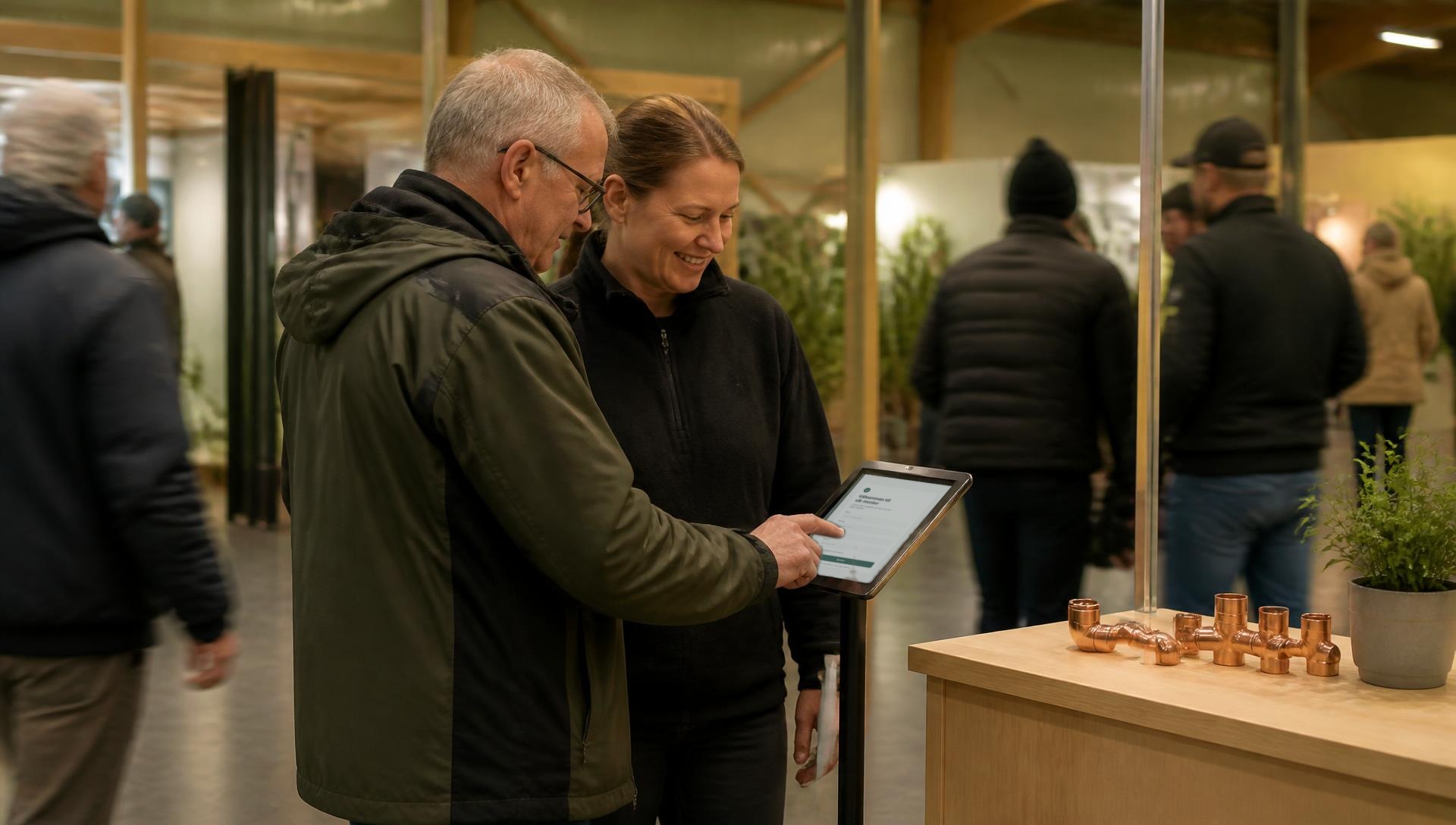 Besökare registrerar sig på en surfplatta i en monter på en mässa