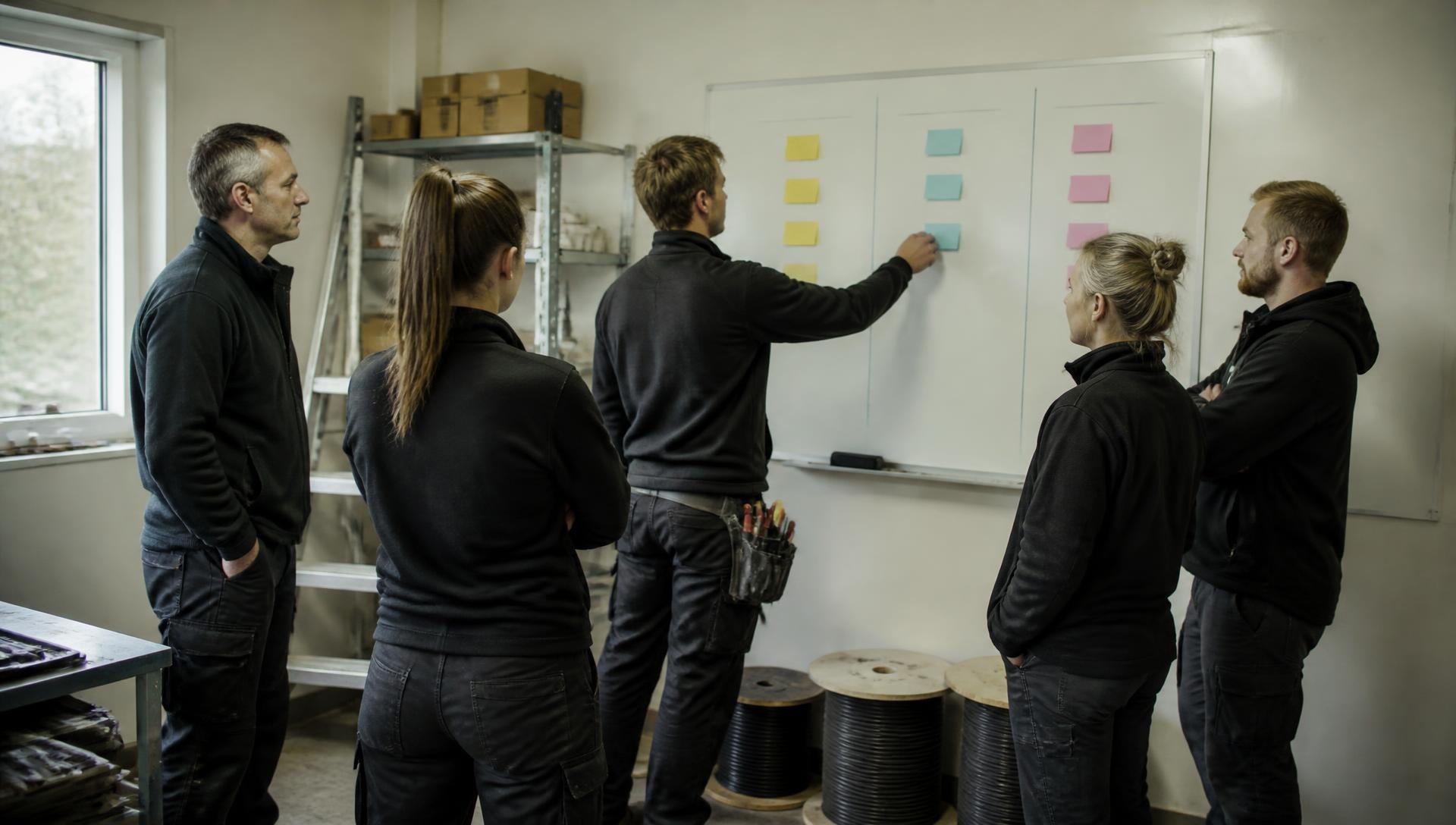 Medarbetare på ett installationsföretag samlade vid en whiteboard på morgonen